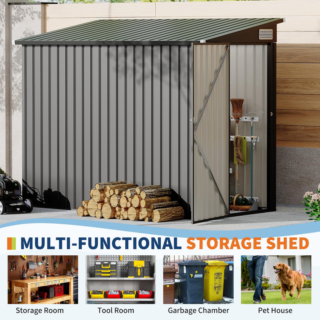 Garvee 4x8ft Metal Outdoor Lean-To Storage Shed, Heavy-Duty Garden Utility Tool Shed with Metal Wall Side, Weather-Resistant & Durable