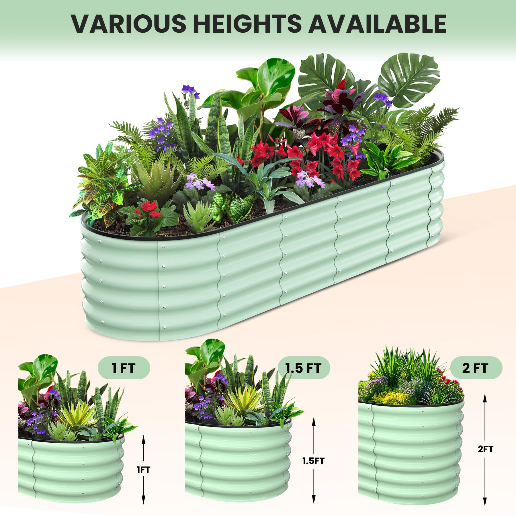 Garvee 8' X 2' X 1' Galvanized Raised Beds for Outdoor, Oval Raised Garden Bed with Open Base, Tool-Free Assembly Planter Raised Boxes for Outdoor Vegetables & Flowers, Green