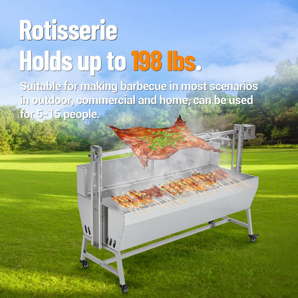 Garvee Stainless Steel Rotisserie Grill with Wind Screen, 62in 200LB Capacity Electric BBQ Pig Lamb Rotisserie Roaster with 50W Motor, Charcoal Spit Roaster Grill for Outdoor Kitchen, Camping