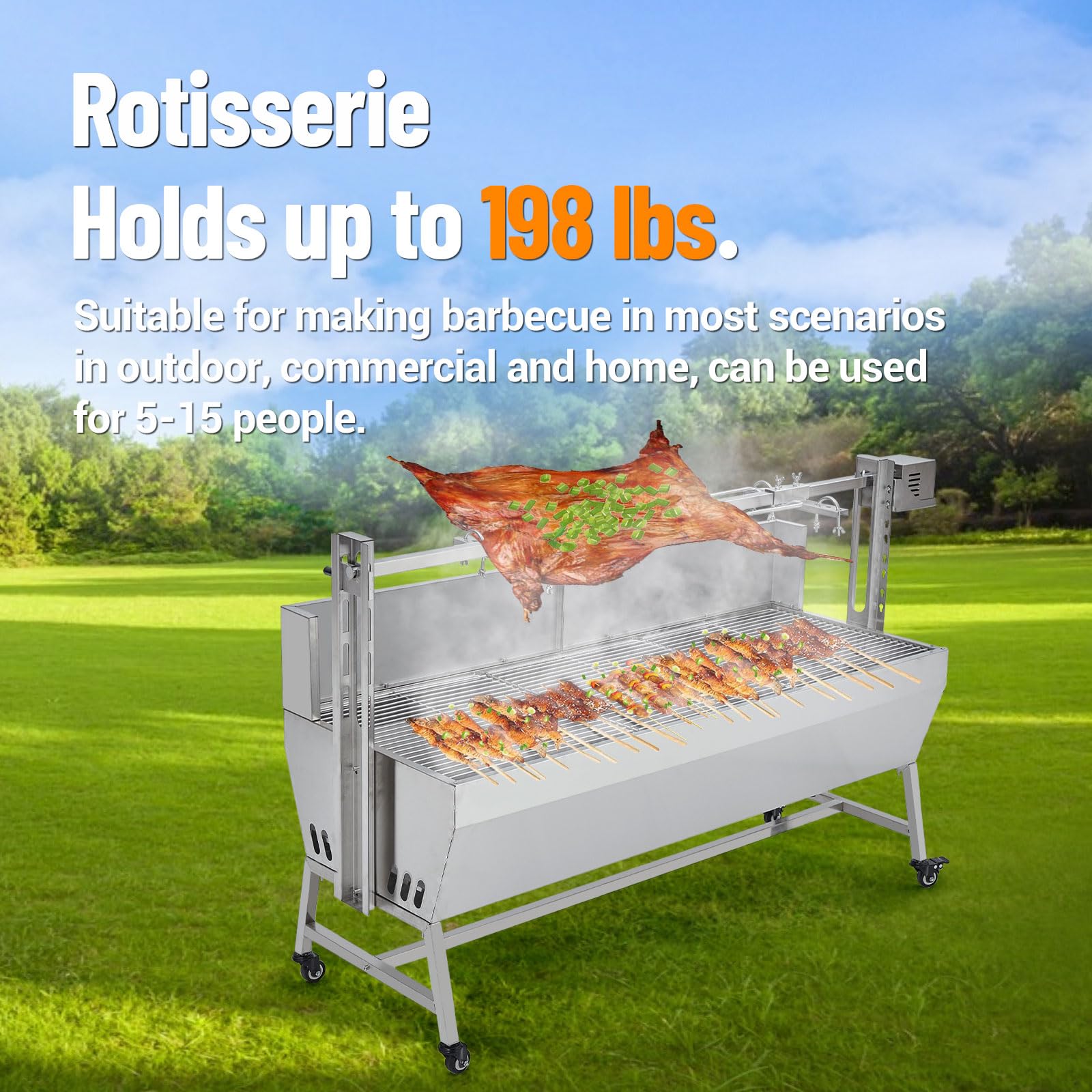 Garvee Stainless Steel Rotisserie Grill with Wind Screen, 62in 200LB Capacity Electric BBQ Pig Lamb Rotisserie Roaster with 50W Motor, Charcoal Spit Roaster Grill for Outdoor Kitchen, Camping