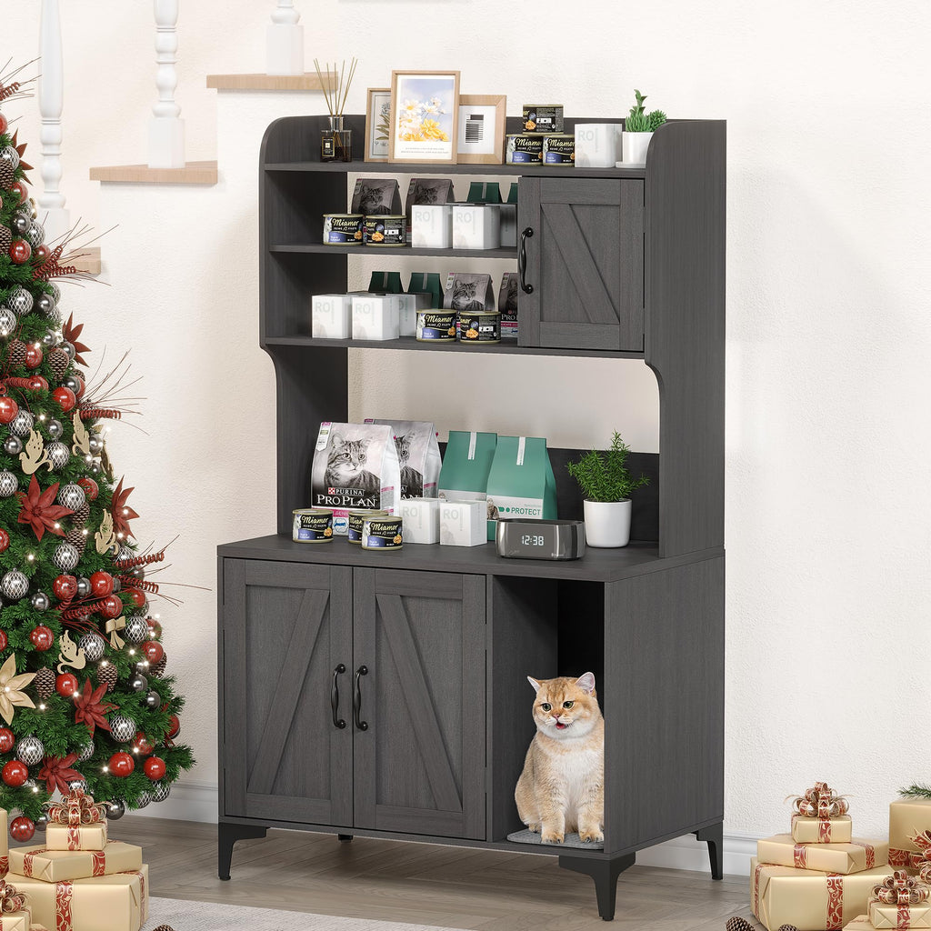 Garvee Cat Litter Box Enclosure, Modern Hidden Cat Litter Box Furniture with 4-Tier Storage Shelves, 2 Cabinets, Cat Litter Mat, Large Wood Indoor Cat House Furniture for Home, Walnut Wood