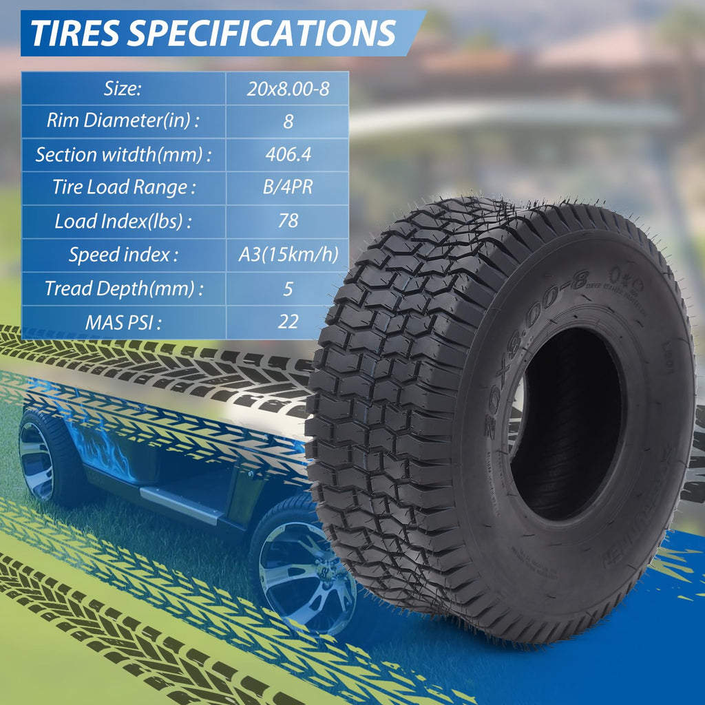 Garvee Lawn Mower Tires Turf Tires 20x8.00-8 4PR for Golf Cart Tires, Garden Tractor Riding Mower Tubeless Set of 2