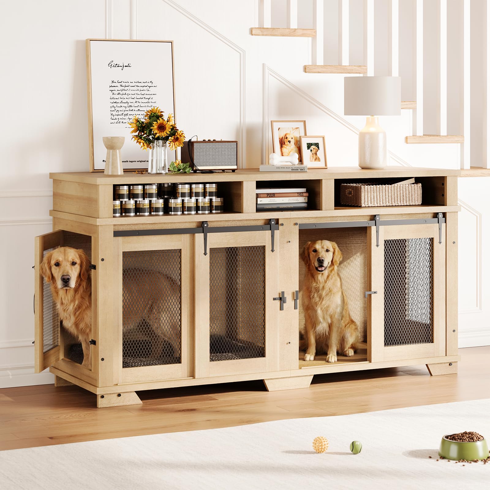 Garvee 71'' Dog Crate Furniture for 2 Dogs, Extra Large Double Dog Kennel, Indoor Wooden Dog Crate TV Stand, White/Natural Wood/Brown
