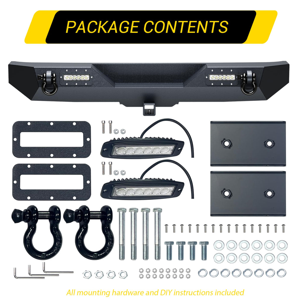 Garvee Rear Bumper Compatible With Wrangler JK, Rock Crawler Rear Bumper Cover With Hitch Receiver & 2X LED Lights, Off Road, Black