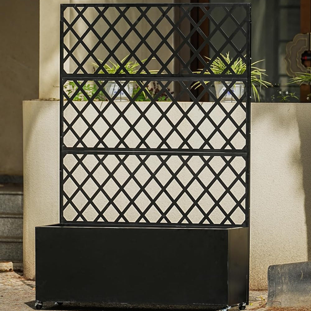 Garvee Galvanized Steel Raised Garden Bed with Trellis, Privacy Screen, Lockable Casters, Drainage Holes, Slim Profile for Patio & Deck