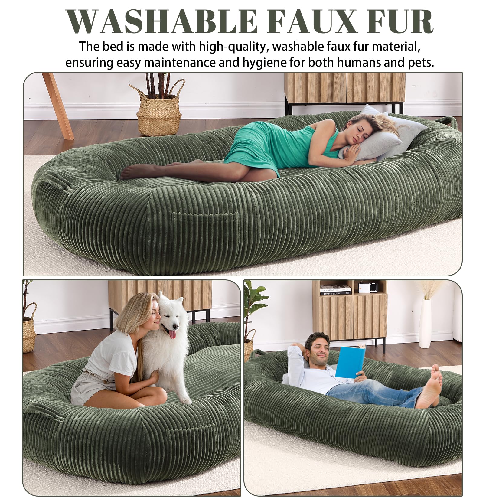 Garvee Dog Bed for Adult, Human Size Giant Dog Bed for Men and Women, 71”x48”x14” Human Dog Lazy Sofa Bed for People and Pets, Washable Strip Flannel Nap Bed Adult Oval, Human-Sized Dog Bed,Dark Green