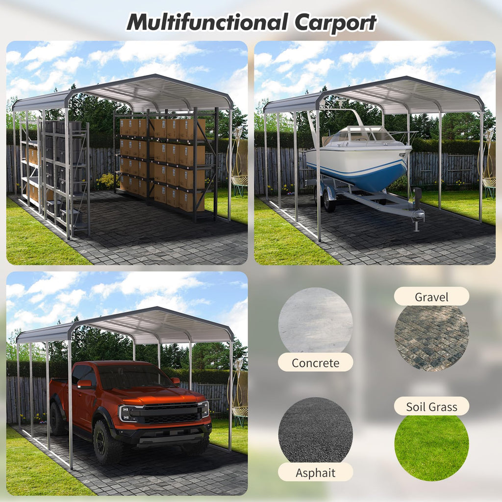 Garvee 10'x15' Heavy Duty Carport with Galvanized Metal Roof & Updated Frame - Metal Garage Canopy for Cars, Boats, Tractors, Grey
