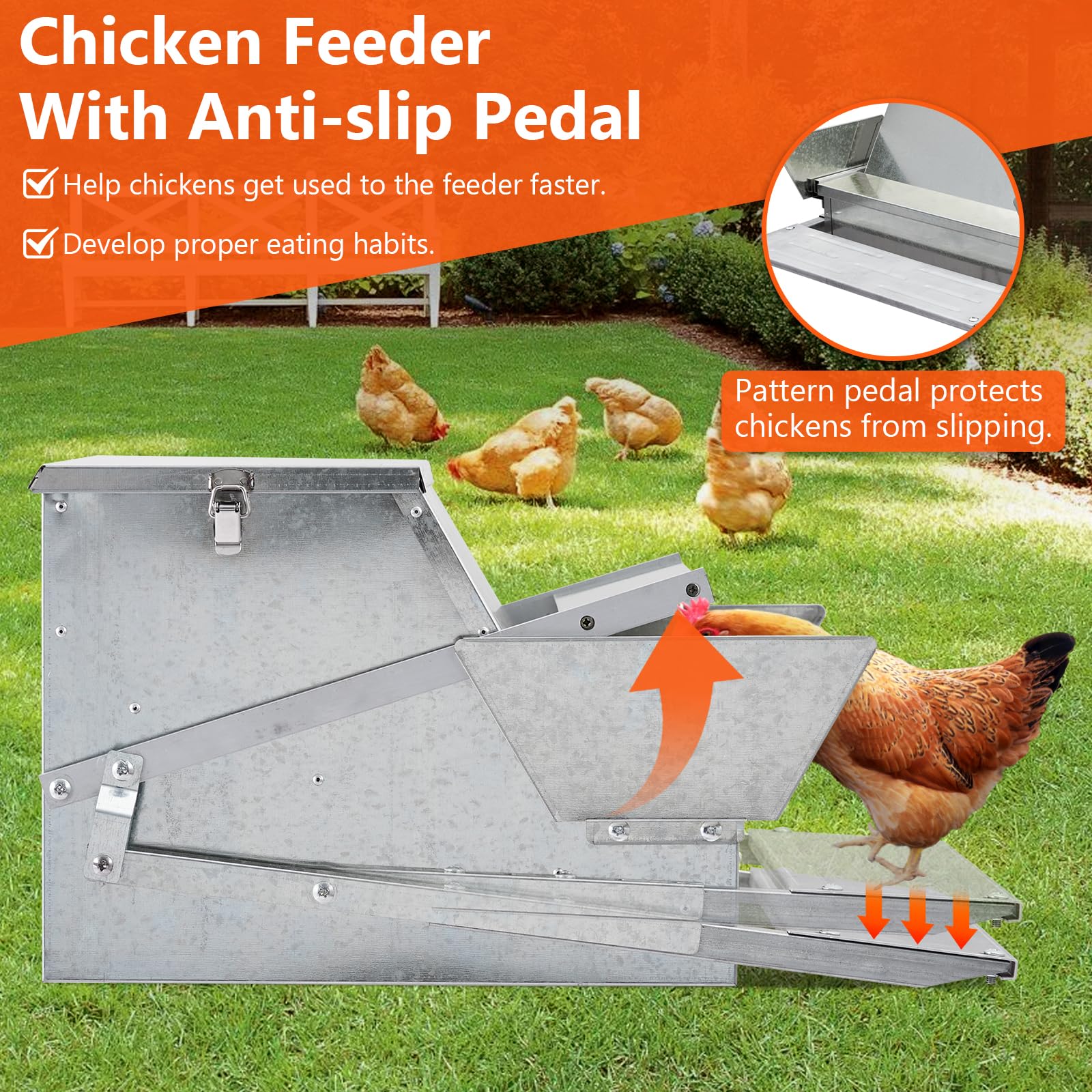 Garvee 27LBs Automatic Treadle Chicken Feeder, Galvanized Steel, Outdoor
