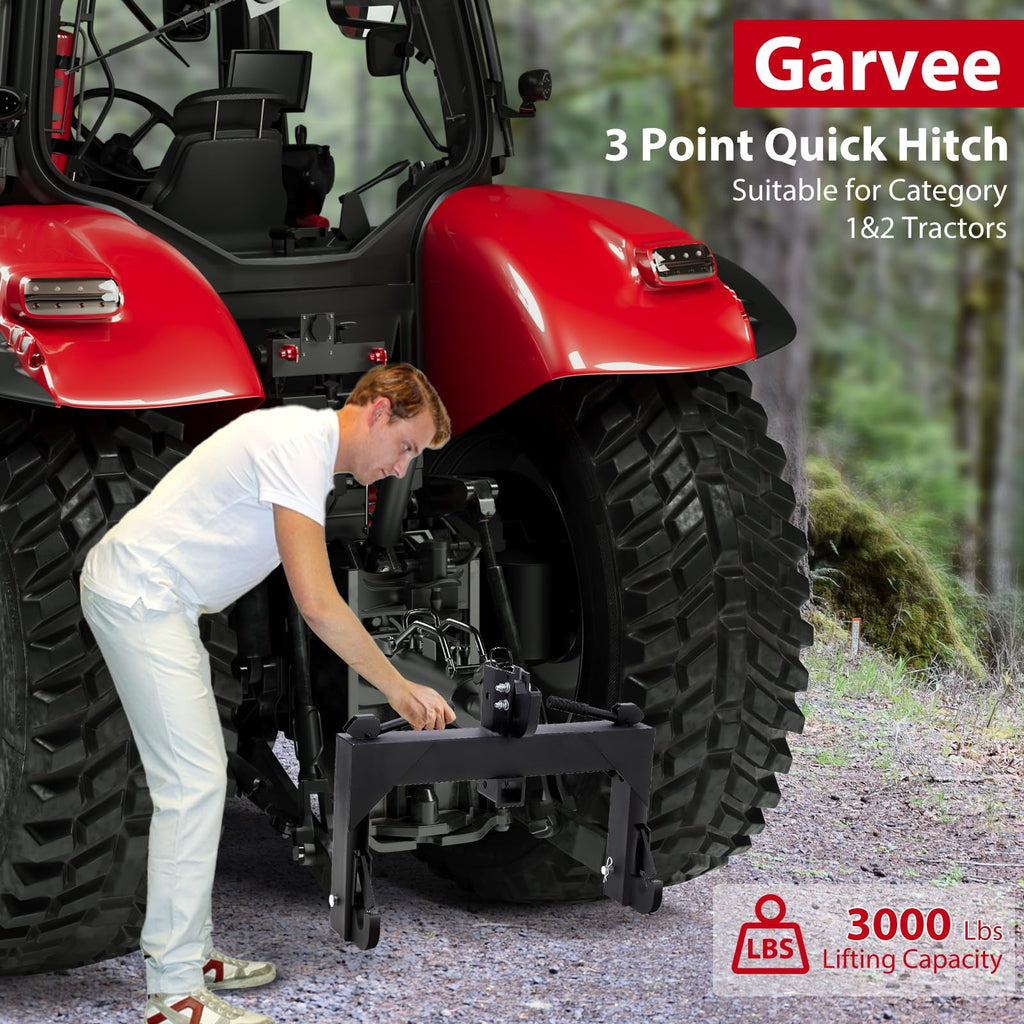 Garvee 3-Point Quick Hitch for Category 1 & 2 Tractors, 3000 lbs Capacity with 2" Receiver, 28" Lower Arm Width, Adjustable 15" to 18", Black