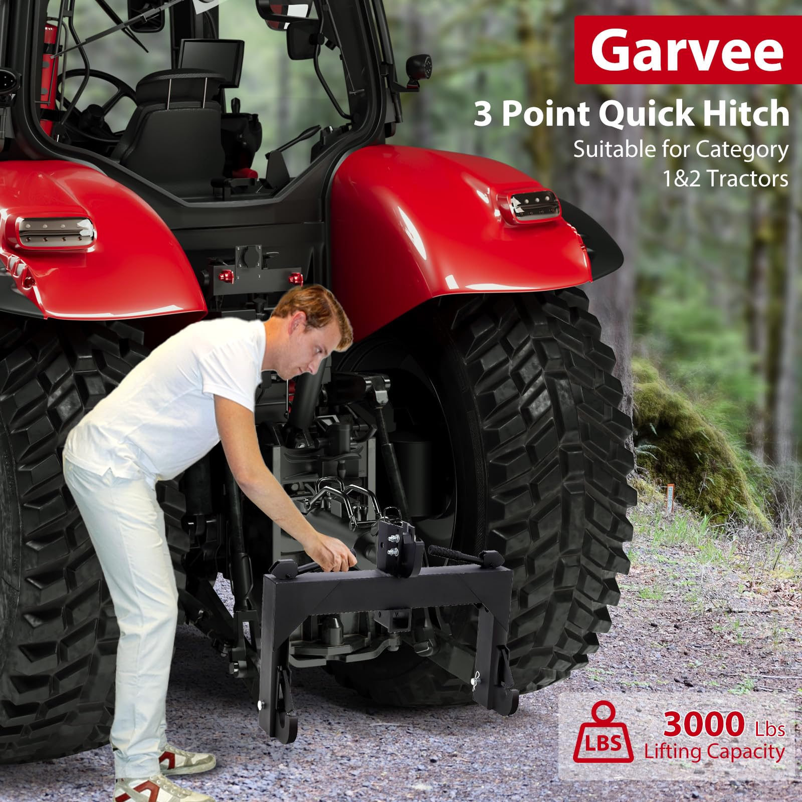 Garvee 3-Point Quick Hitch for Category 1 & 2 Tractors, 3000 lbs Capacity with 2" Receiver, 28" Lower Arm Width, Adjustable 15" to 18", Black