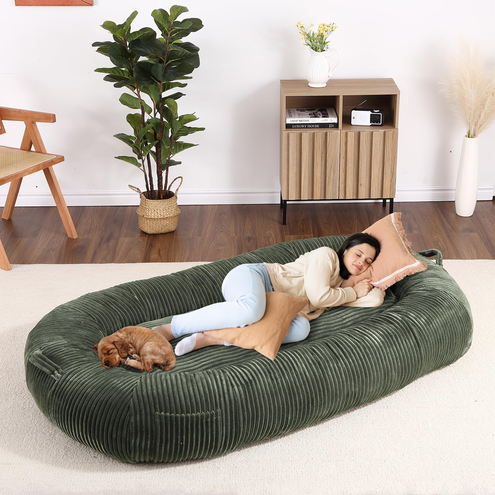 Garvee Dog Bed for Adult, Human Size Giant Dog Bed for Men and Women, 71”x48”x14” Human Dog Lazy Sofa Bed for People and Pets, Washable Strip Flannel Nap Bed Adult Oval, Human-Sized Dog Bed,Dark Green