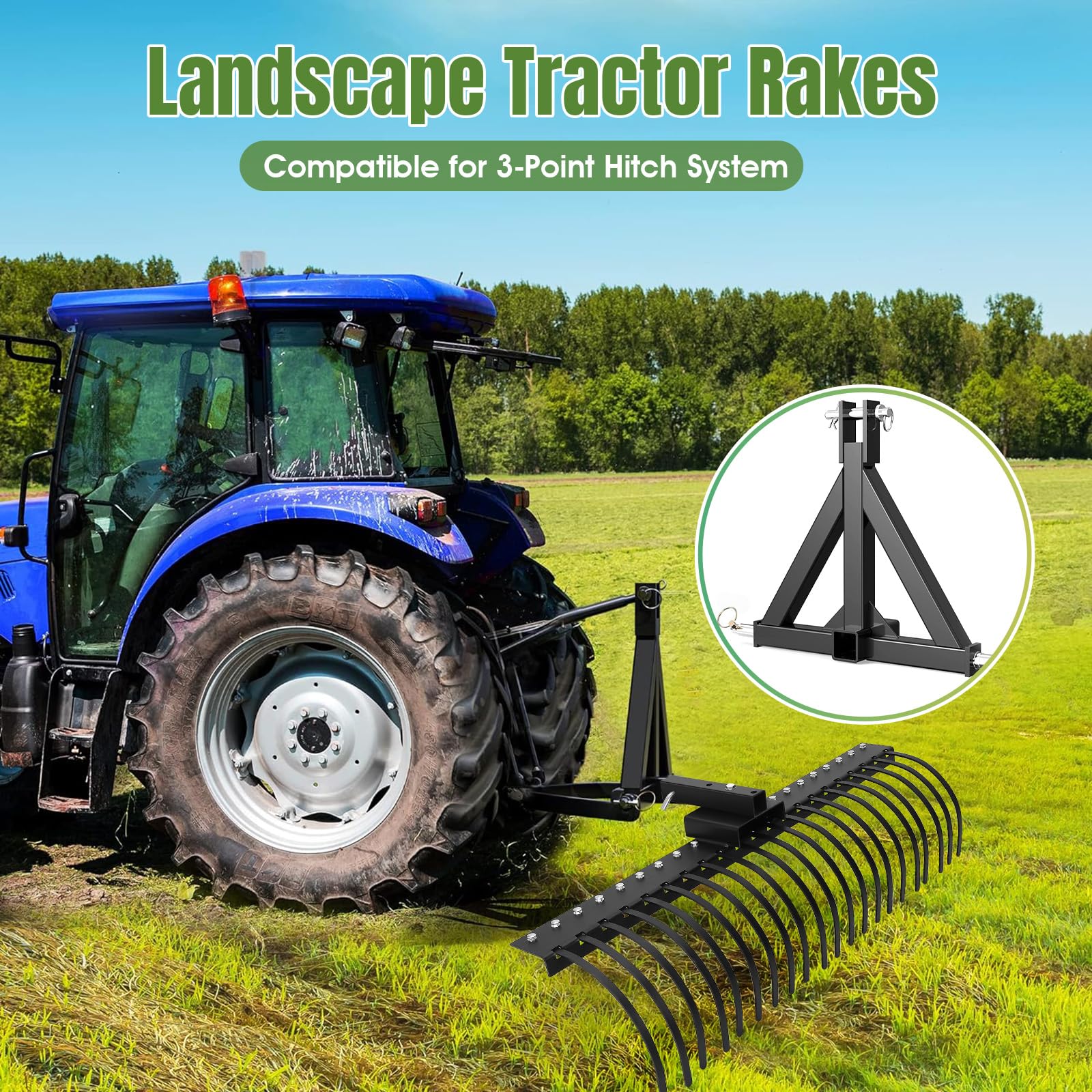 Garvee 60 Inch Landscape Rock Rake,3 Point Attach Rake Fit for 2 Inch Receiver with 360 Degree Rotation,Tow-Behind Garden Tool for Compact Tractors, Category 1
