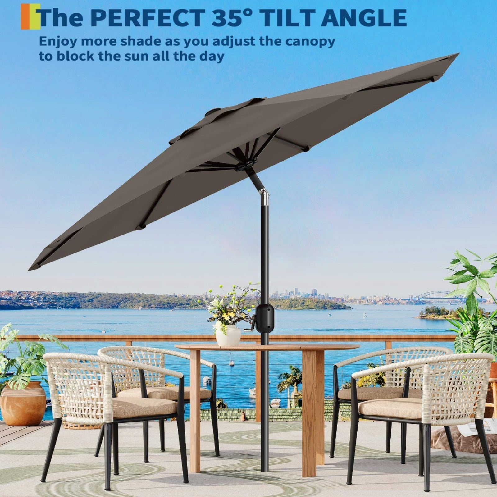 Garvee 9 ft Outdoor Patio Umbrella with 8 Sturdy Ribs, Crank Lift, Push-Button Tilt & UV-Resistant Waterproof Canopy for Pool, Deck, Yard & Garden, Taupe