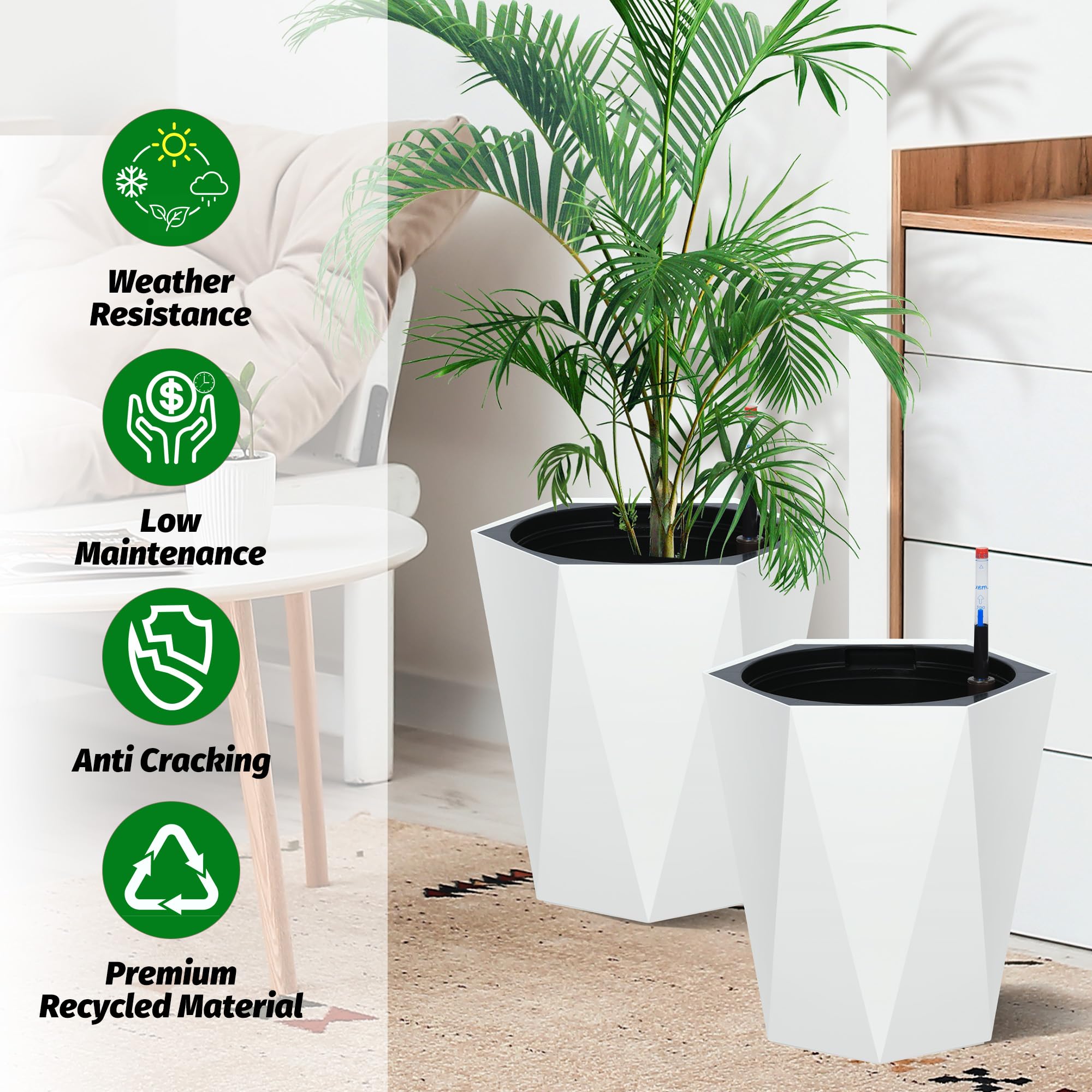 Garvee 16 Inch Tall Diamond Planters Set of 2, Self Watering Planters with Water Level Monitor and Wheels, Flower Pots Outdoor and Indoor for Patio, Porch, Living Room, Home Office, White