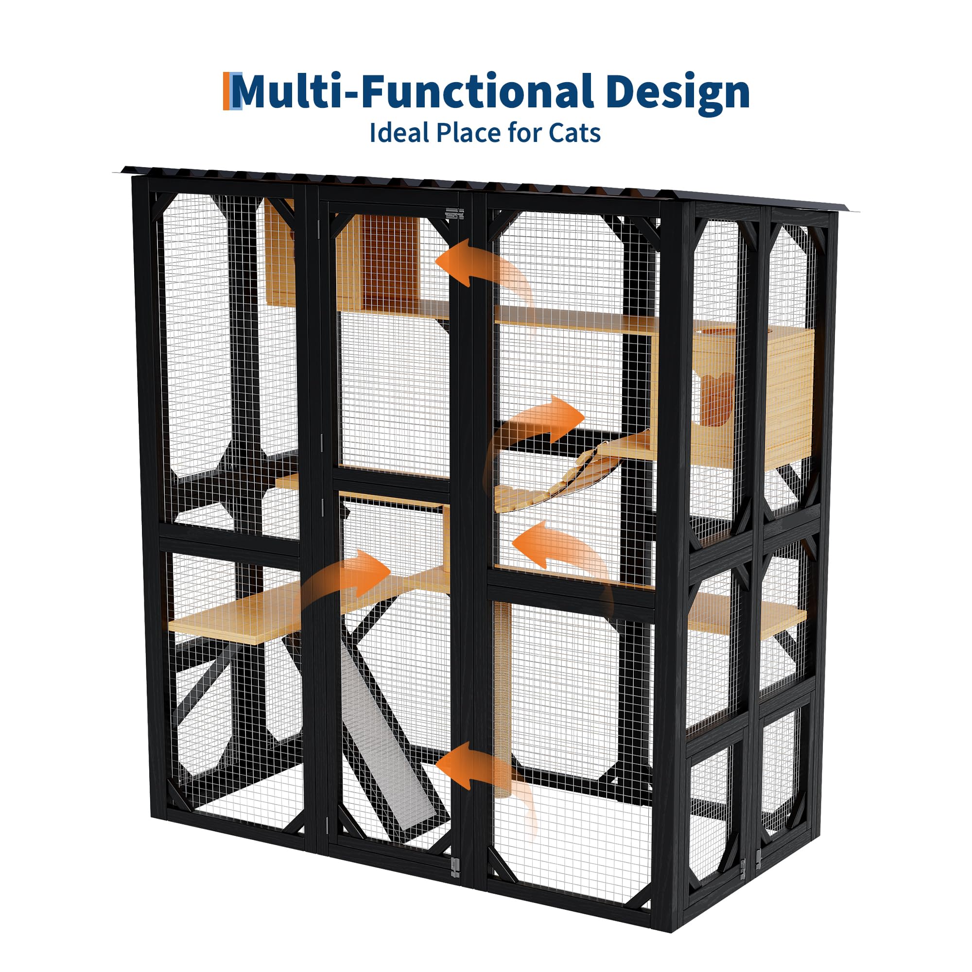 Garvee Outdoor Catio For Indoor Cats, Weatherproof Wooden Kitty Enclosure With Elevated Platform, Yard And Patio Use, Black