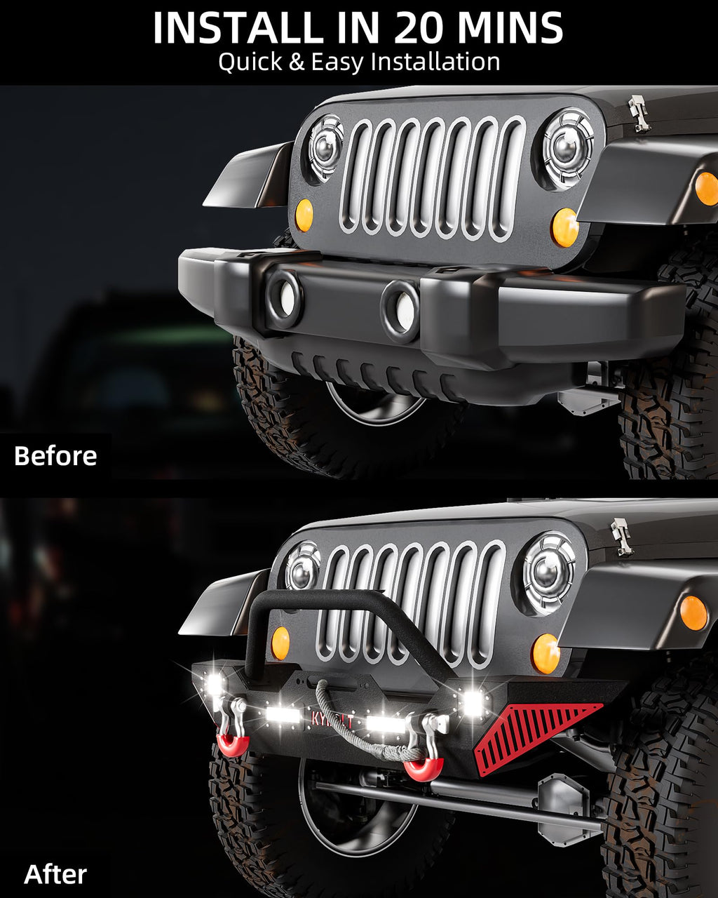 Garvee Front Bumper Compatible with 2007-2018 Jeep Wrangler JK & Unlimited JKU (2/4 Doors), Rock Crawler Off Road Full Width Bumper w/Winch Plate, 2 D-Rings & Paintable Armor