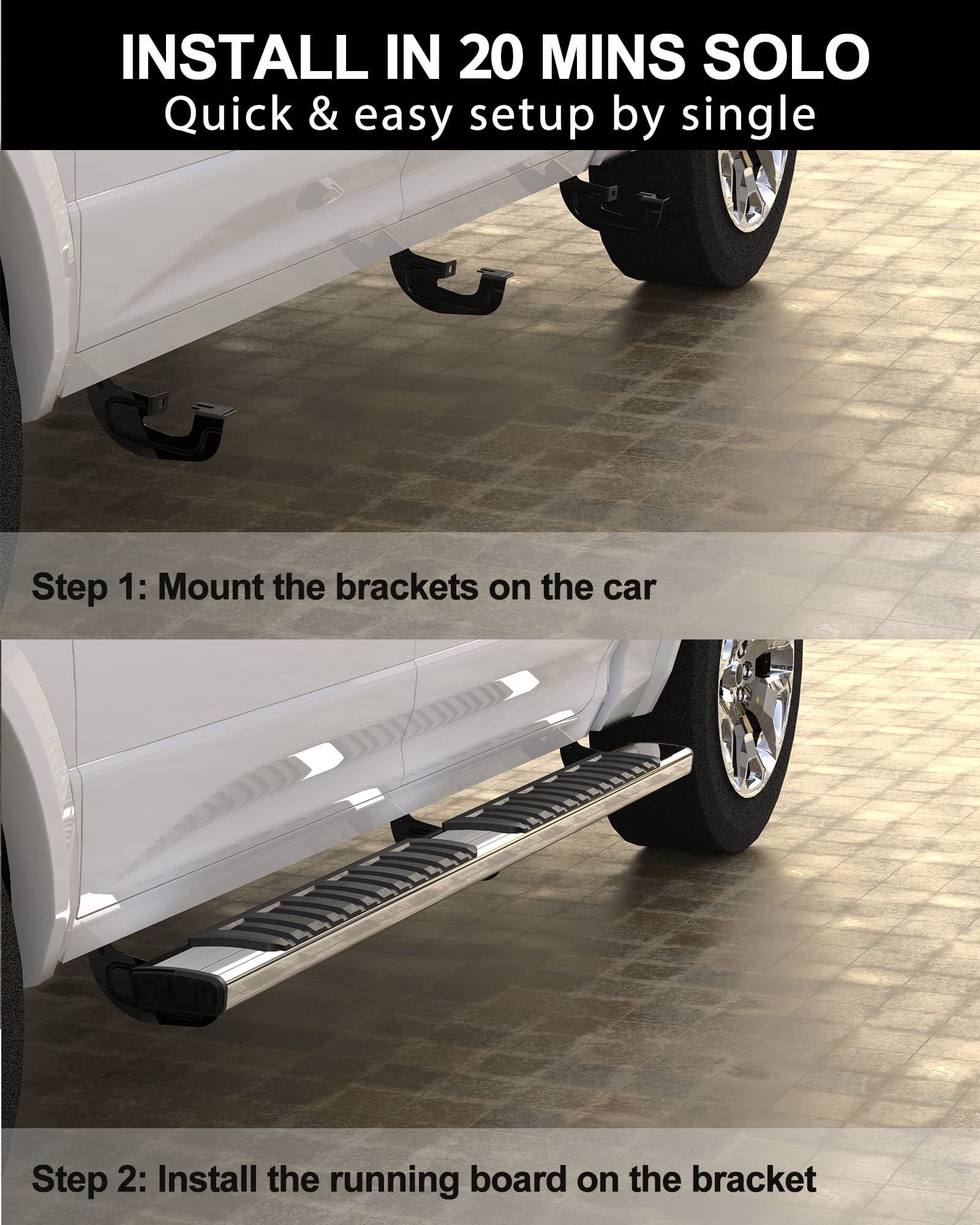 Garvee 6.3 Inch Running Boards for 2009-14 Ford F150 Super Crew - Silver/Stainless Steel