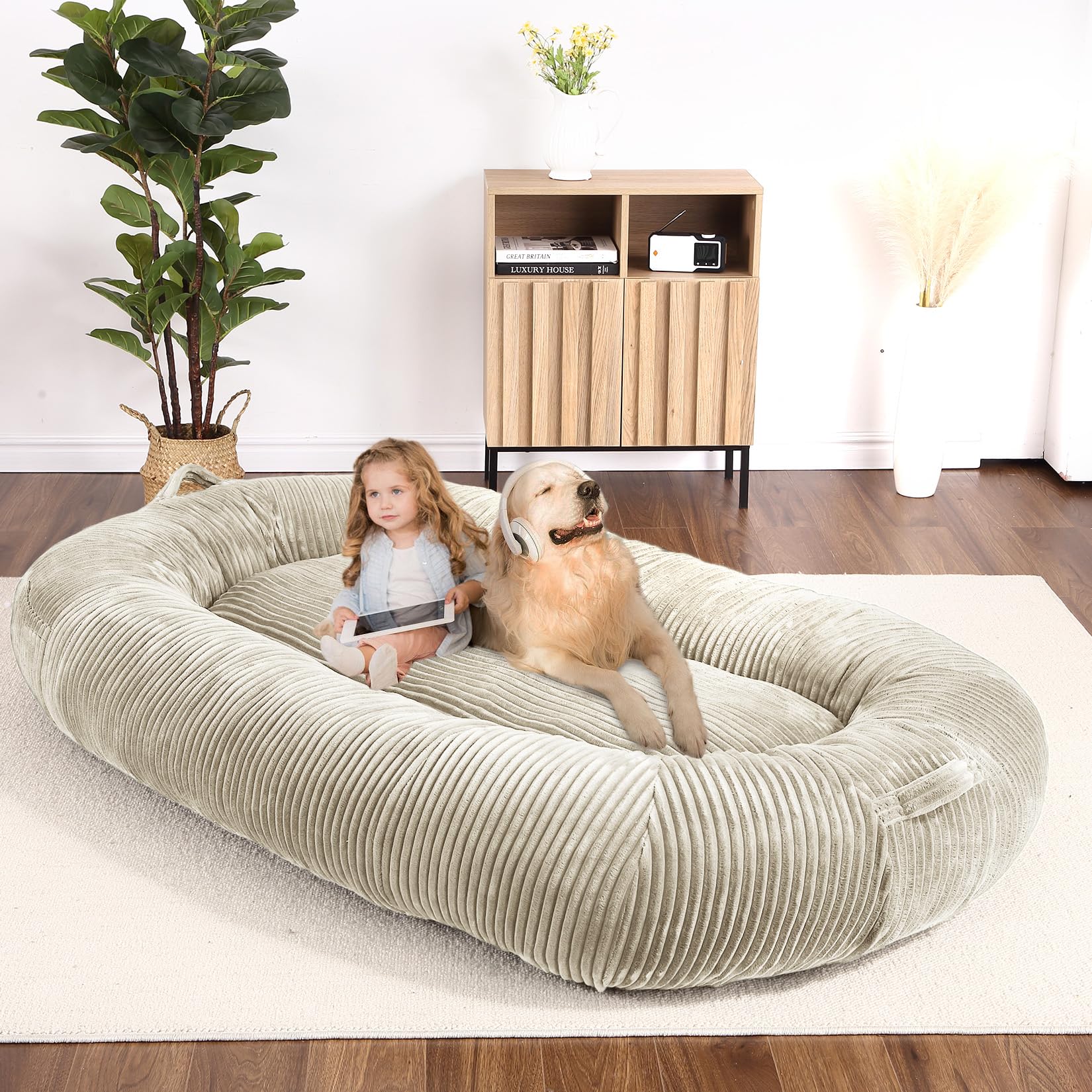 Garvee Dog Bed for Adult, Human Size Giant Dog Bed for Men and Women, 71”x48”x14” Human Dog Lazy Sofa Bed for People and Pets, Washable Strip Flannel Nap Bed Adult Oval, Human-Sized Dog Bed,Khaki