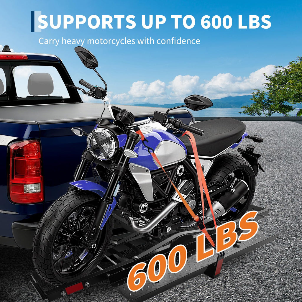 Garvee Motorcycle Rack Advanced Hitch Carrier Black Steel Dual-Sport Rack System 600lb Capacity with Extended Loading Ramp Universal Truck and SUV Mounting Hardware Included