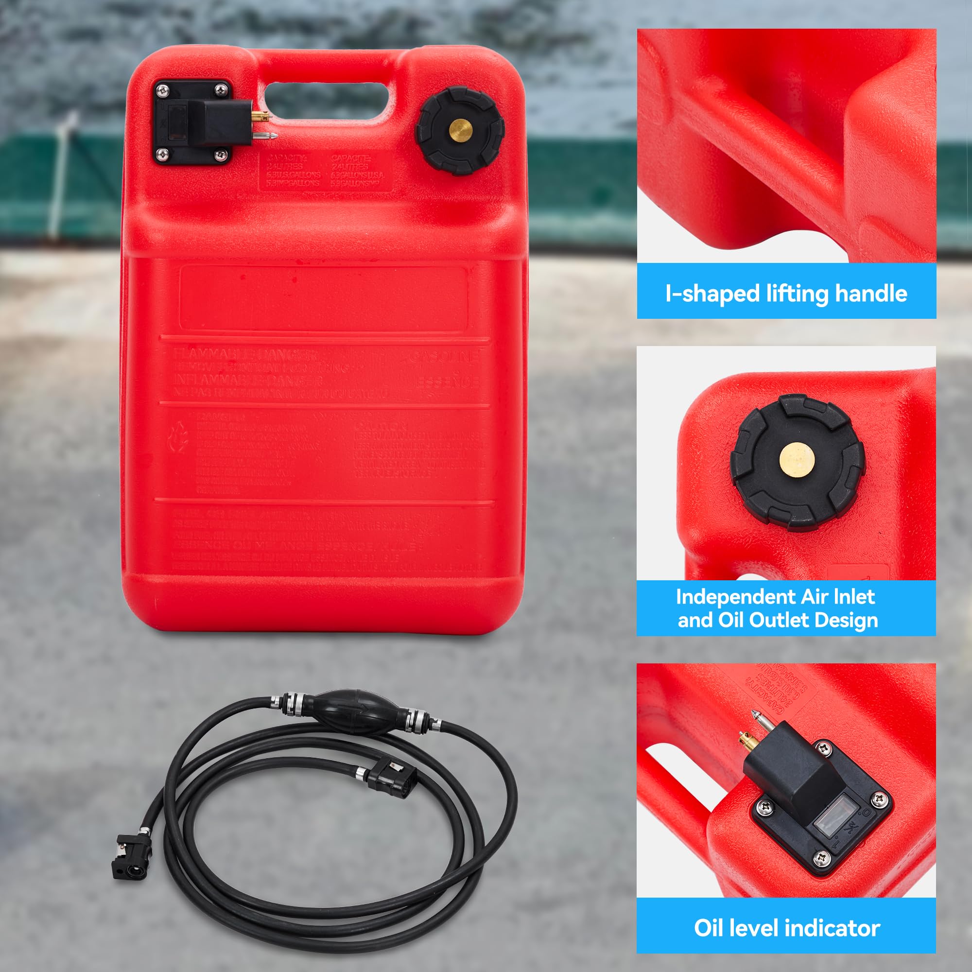 Garvee 6 Gallon Portable Marine Fuel Tank - Outboard Boat Gas Tank with Fuel Line and I-Shape Handle, Durable and Easy-to-Carry Fuel Storage Solution for Vessels and Marine Use, Red