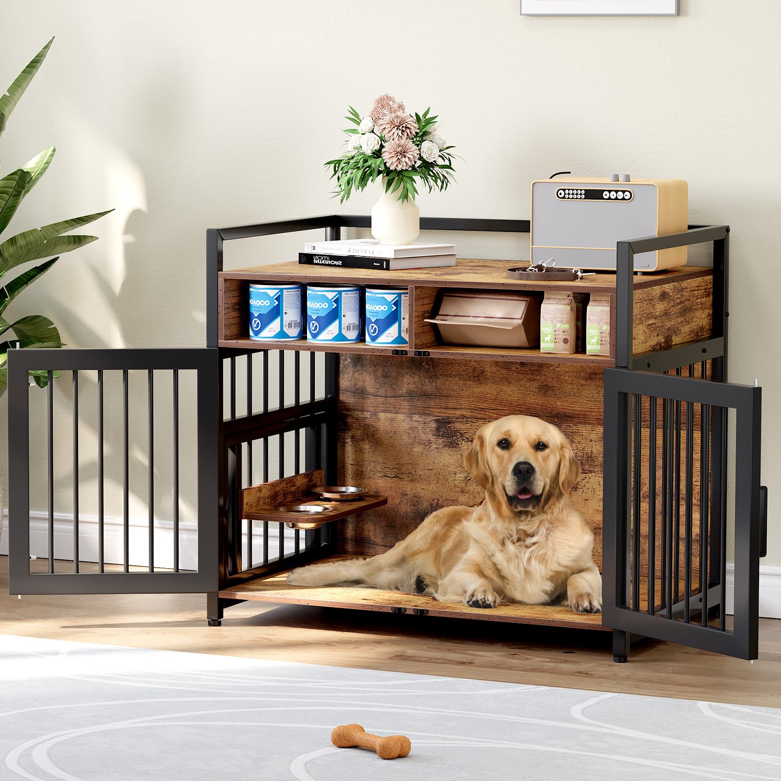 Garvee Dog Crate Furniture With 2 Drawers, Wooden Dog Kennel Indoor, Adjustable 360° Stainless Steel Feeder, Rustic Brown, Small Medium Dogs