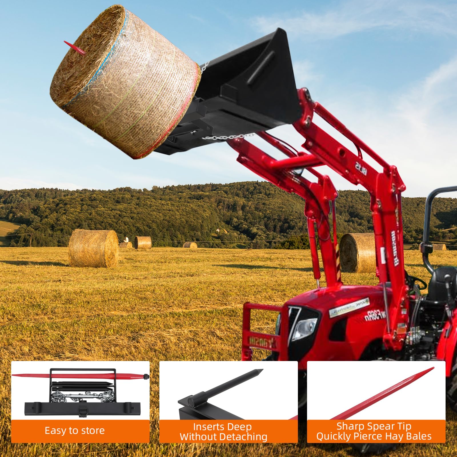 Garvee 39" Hay Spear,Bale Spear 4000lbs Loading Capacity Hay Spear Attachment Skid Steer Loader Tractor Bucket Attachment Quick Attach for Bobcat Tractors