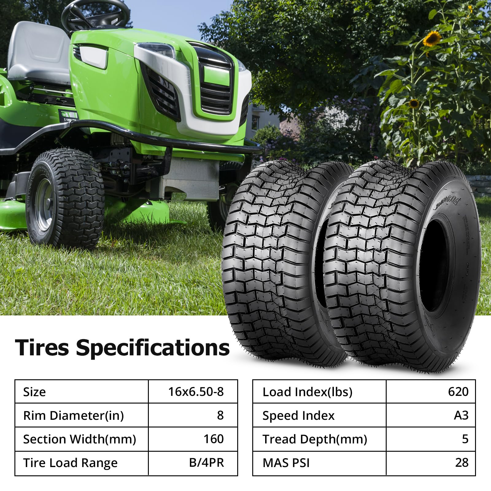 Garvee 15x6.00-6 Lawn Mower Tire, 15x6x6 Tractor Turf Tire, 4 ply Tubeless, 565lbs Capacity, Set of 2 - 16x6.50-8