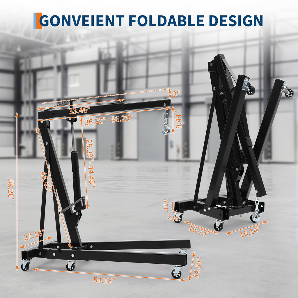 Garvee Engine Hoist Cherry Picker 2 Ton Folding Hydraulic Shop Crane Adjustable Boom Black 6 Casters