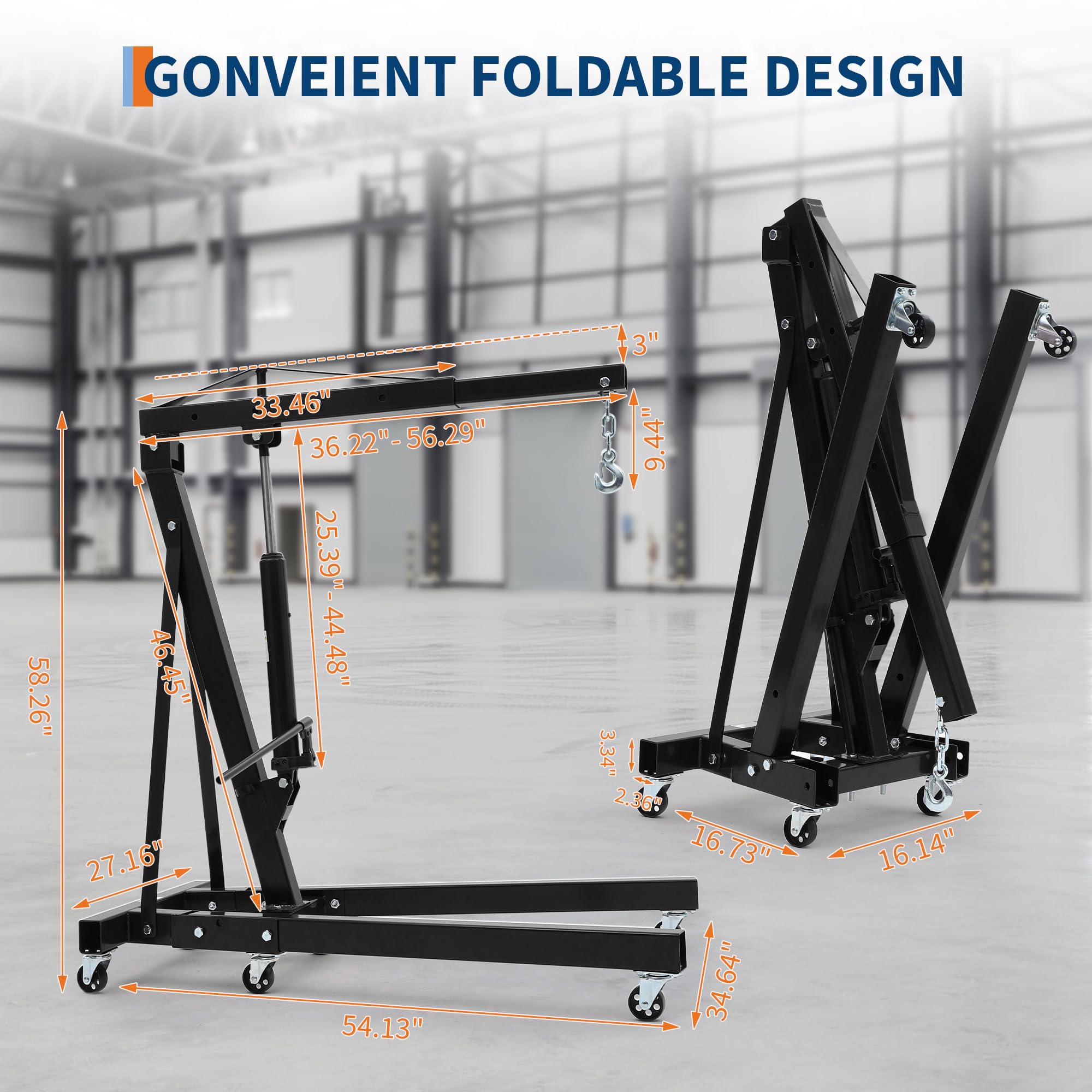 Garvee Engine Hoist Cherry Picker 2 Ton Folding Hydraulic Shop Crane Adjustable Boom Black 6 Casters