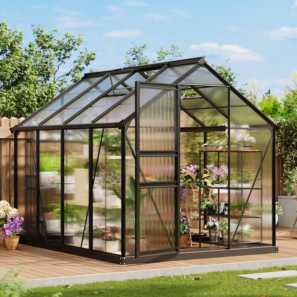 Garvee 8×6FT Aluminum Frame Greenhouse with Polycarbonate Panels, Lockable Door, Adjustable Roof Vent, Side Gutter, Backyard Garden Use