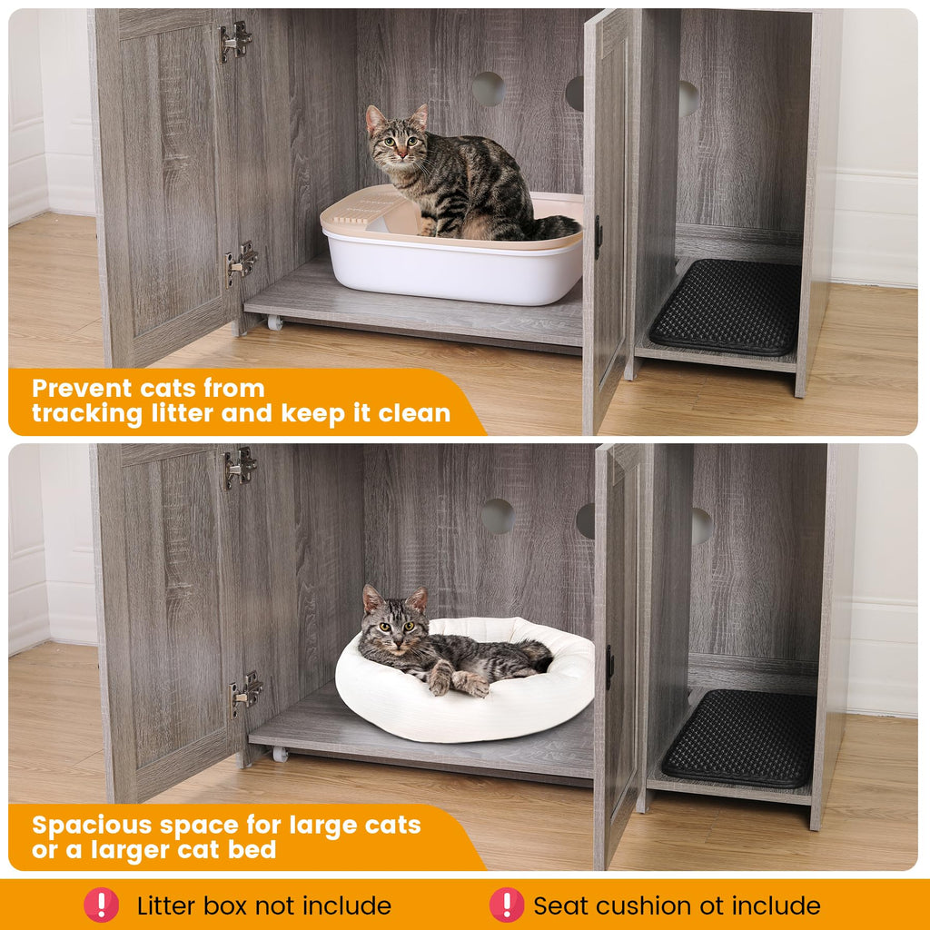 Garvee Cat Litter Box Enclosure, Hidden Cat Litter Box Furniture, Large Double Door Cat House with 3 Shelves and Charging Station, Push-Pull Mobile Chassis - Grey