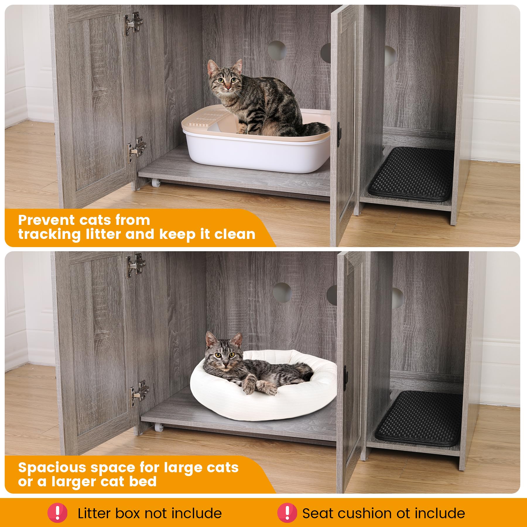 Garvee Cat Litter Box Enclosure, Hidden Cat Litter Box Furniture, Large Double Door Cat House with 3 Shelves and Charging Station, Push-Pull Mobile Chassis - Grey