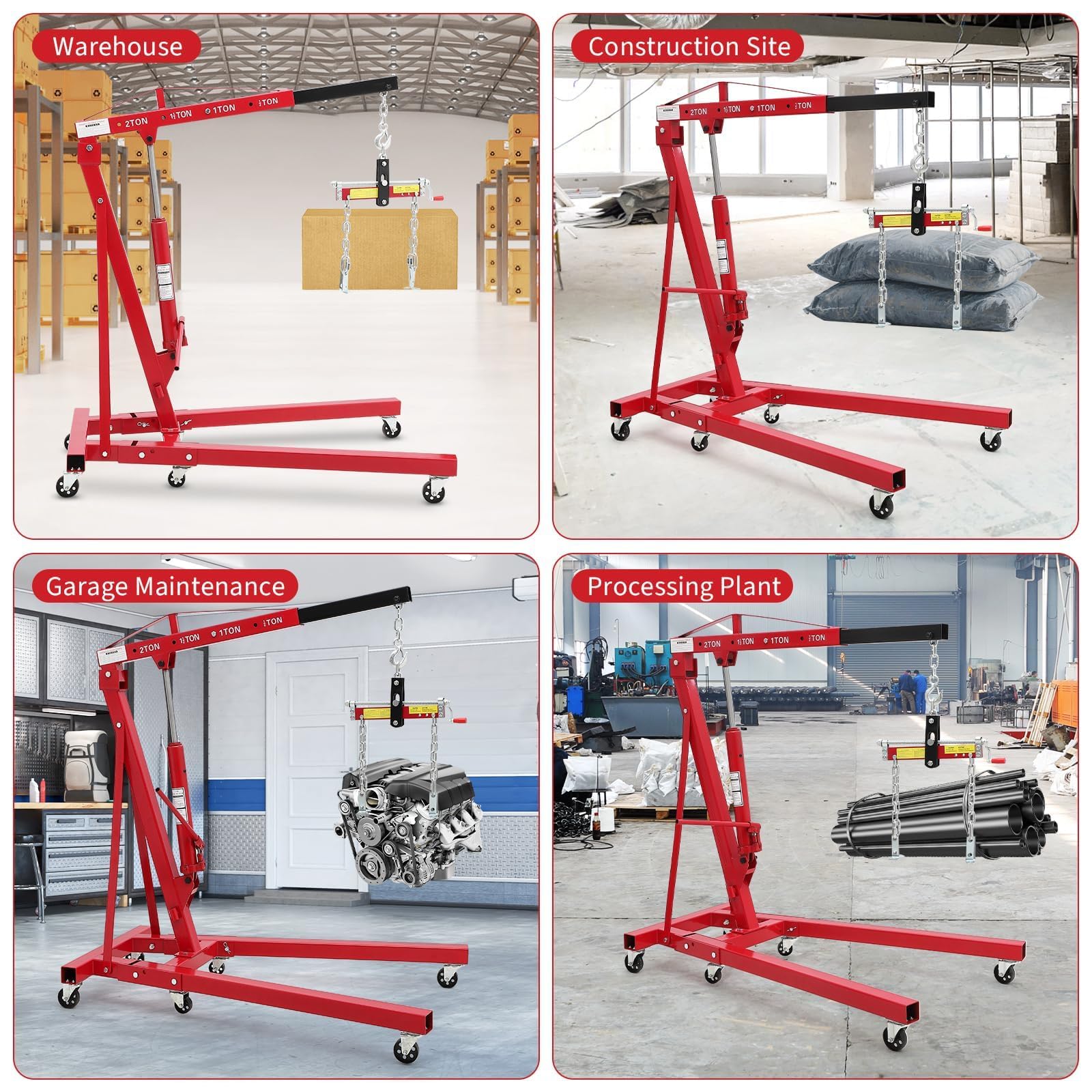 Garvee 2 Ton Engine Hoist Hydraulic Cherry Picker Engine Crane Heavy Duty Folding Shop Crane with 6 Casters for Garage Workshop Red