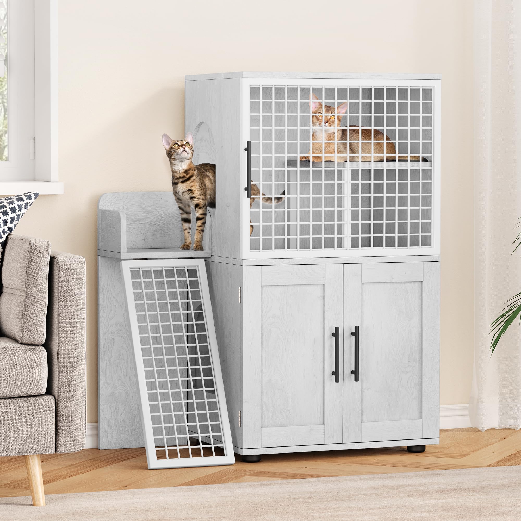 Garvee Villa Cat Litter Box Enclosure, Double Layer, MDF & Iron, Hidden Furniture, Ladder, 33.5" L x 17.9" W x 41.9" H, Antique White