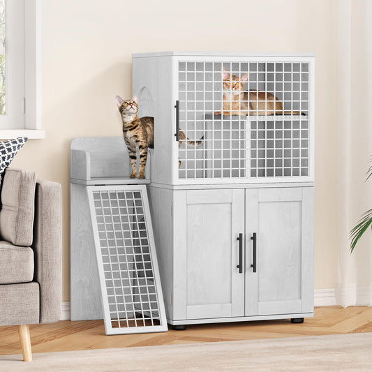 Garvee Villa Cat Litter Box Enclosure, Double Layer, MDF & Iron, Hidden Furniture, Ladder, 33.5" L x 17.9" W x 41.9" H, Antique White