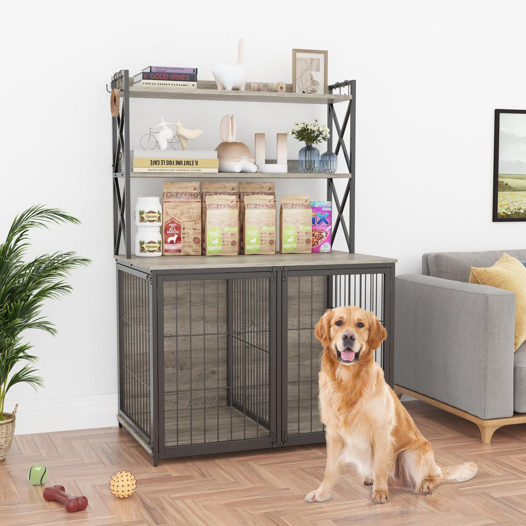 Garvee Wooden Dog Crate Furniture End Table with Flip Top and Movable Divider, 42.5 Inch Dog Cage with Storage Shelves, Large Dog Kennel Indoor Furniture with 3 Doors, Grey
