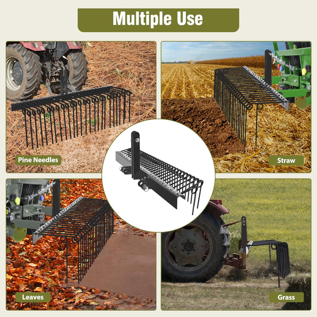 Garvee 72" Pine Straw & Landscape Rake – 30 Coil Spring Tines, Powder-Coated Steel Tow-Behind with 3-Point Hitch for Category 0 & 1 Tractors (Leaves, Grass, Debris)
