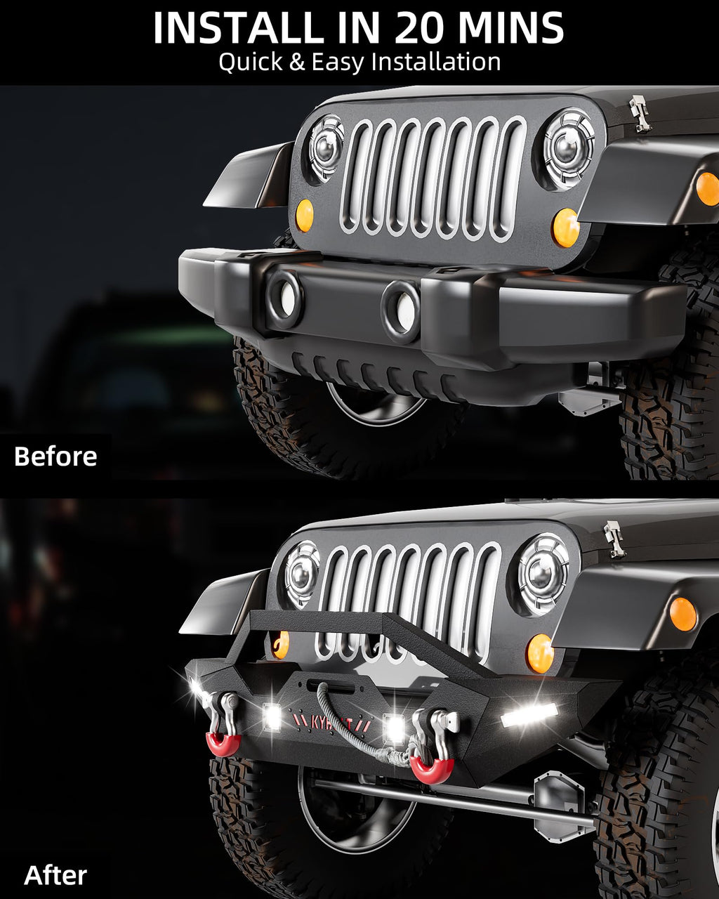 Garvee Front Bumper Compatible with 2007-2018 Jeep Wrangler JK & Unlimited, Rock Crawler Off-Road Bumper with Winch Plate & 4 LED Lights & D-rings Black
