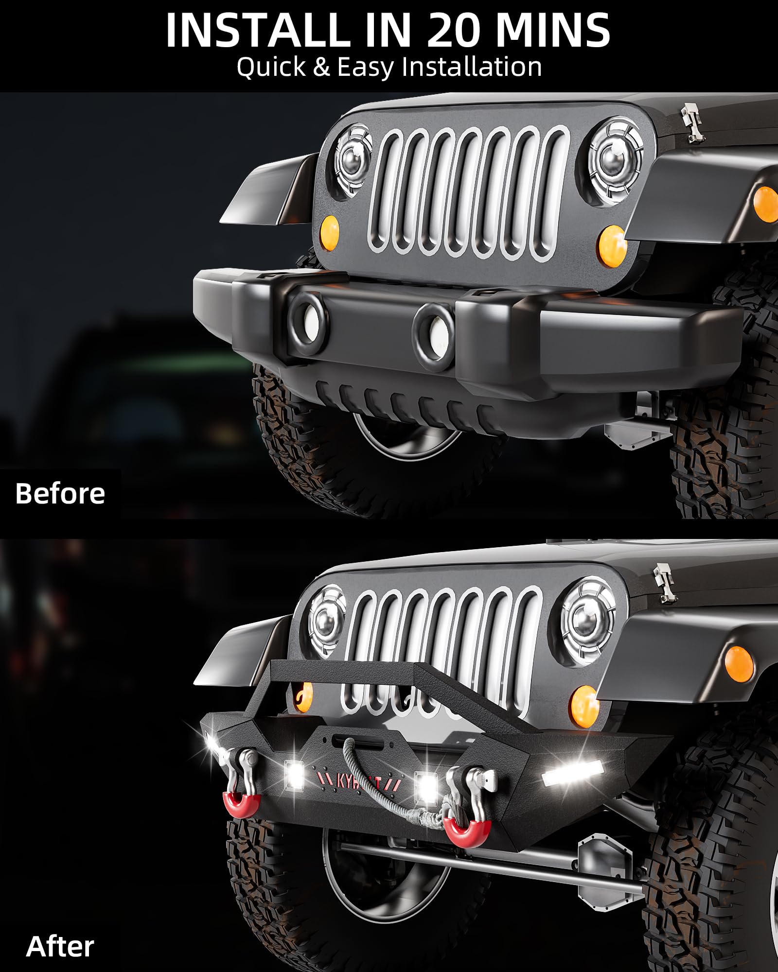 Garvee Front Bumper Compatible with 2007-2018 Jeep Wrangler JK & Unlimited, Rock Crawler Off-Road Bumper with Winch Plate & 4 LED Lights & D-rings Black