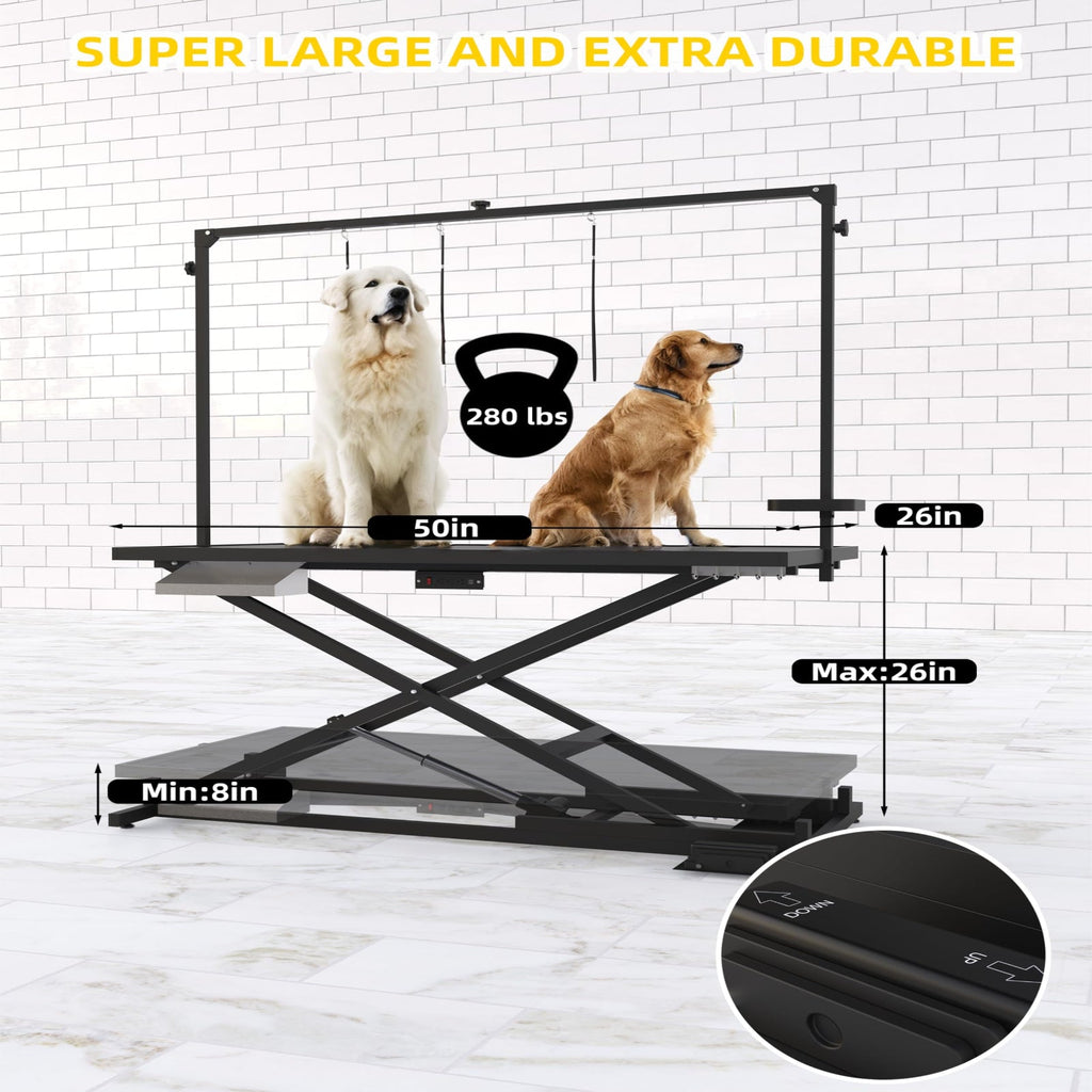 Garvee 50" Professional Electric Dog Grooming Table Heavy Duty, Height Adjustable Pet Grooming Table with Leveling Wheels, Dog Grooming Arm, Non-Slip Tabletop and Tool Organizer Dog Grooming Station (Black)