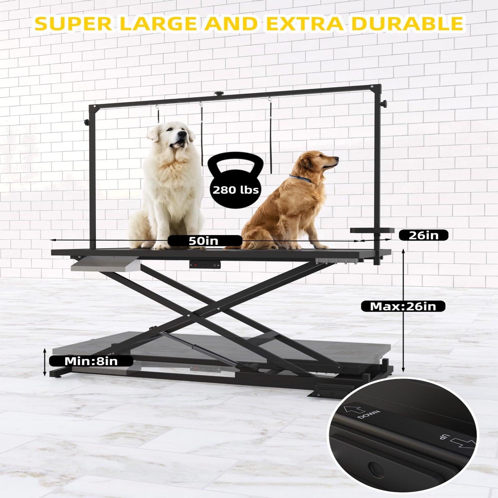 Garvee 50" Professional Electric Dog Grooming Table Heavy Duty, Height Adjustable Pet Grooming Table with Leveling Wheels, Dog Grooming Arm, Non-Slip Tabletop and Tool Organizer Dog Grooming Station (Black)