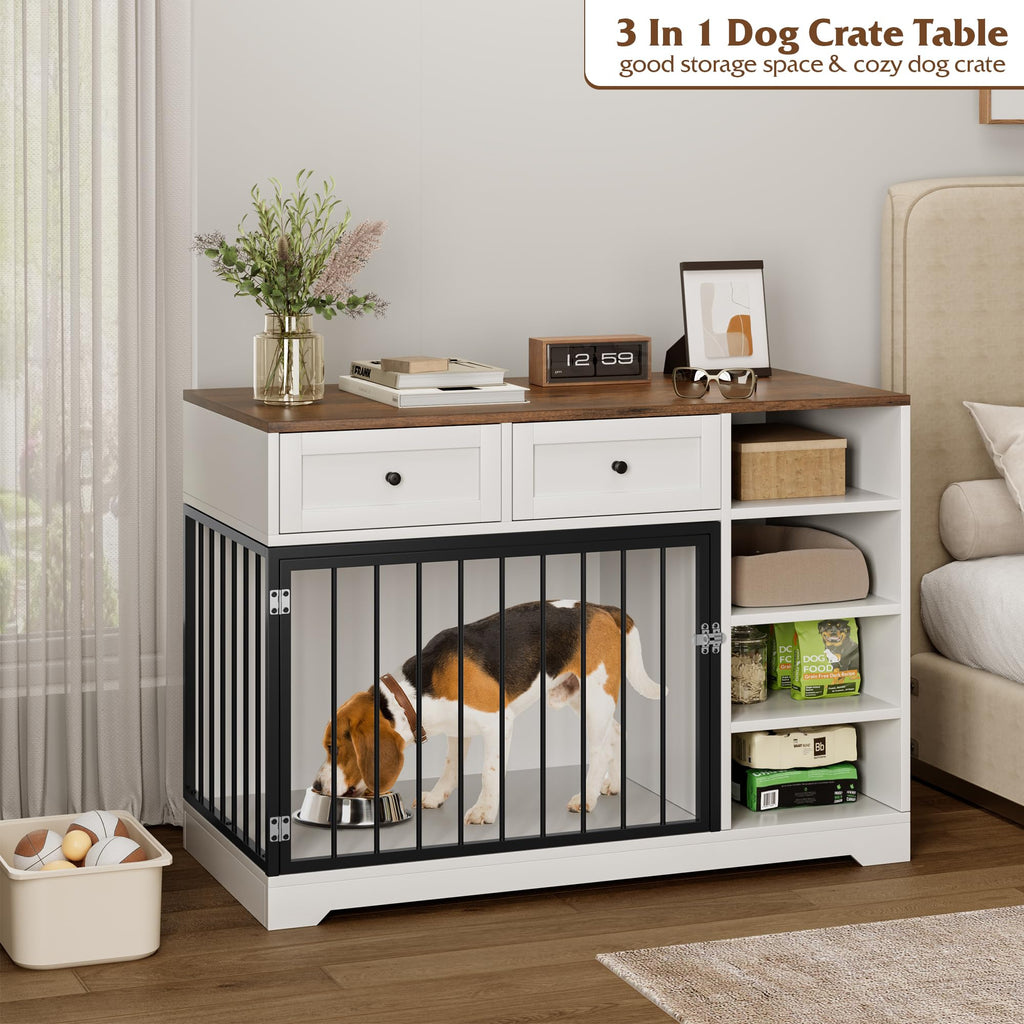 Garvee Large Wooden Dog Crate Furniture with 2 Drawers & 4 Shelves, Heavy Duty, Decorative Indoor Kennel, White