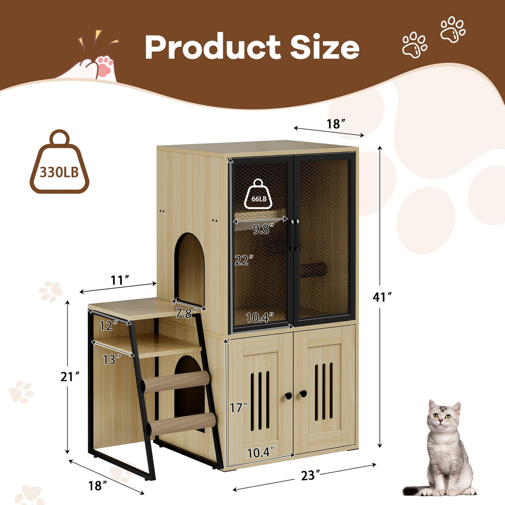 Garvee Cat Litter Box Enclosure With Doors, Double Cat House, Storage Space, Ladder, Burlywood, 22.6"L x 17.7"W x 10.9"H
