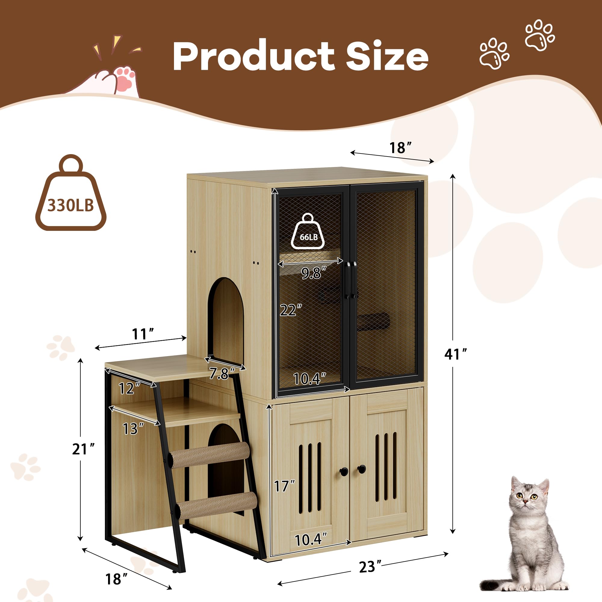 Garvee Cat Litter Box Enclosure With Doors, Double Cat House, Storage Space, Ladder, Burlywood, 22.6"L x 17.7"W x 10.9"H