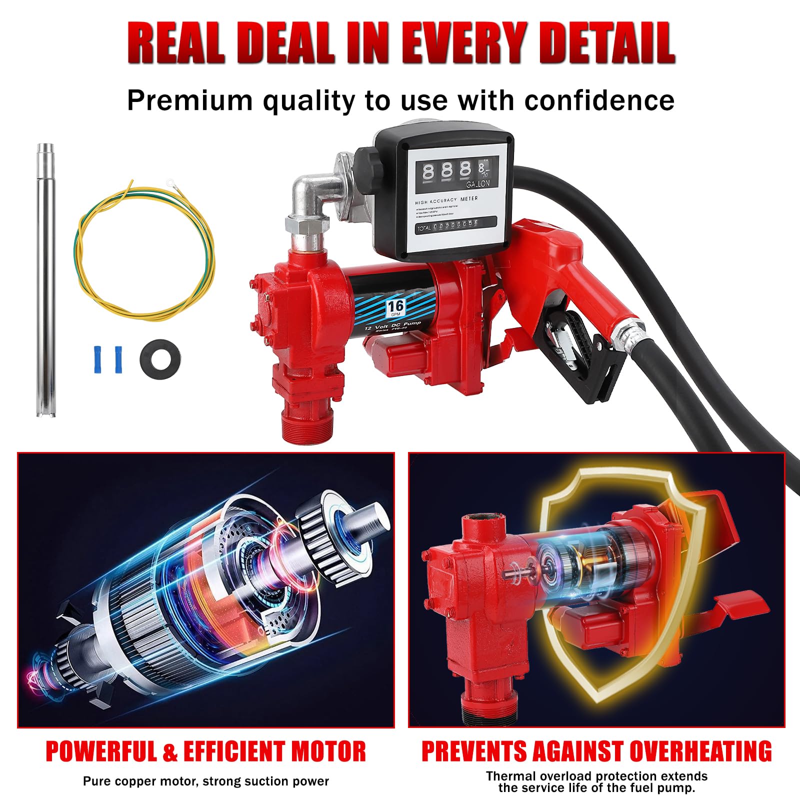 Garvee Fuel Transfer Pump 16 GPM 1/4 HP, with Digital Meter, Diesel Transfer Pump with Automatic Nozzles, Gasoline Transfer Pump with Emission & Suction Hoses for Gasoline, Diesel, Kerosene