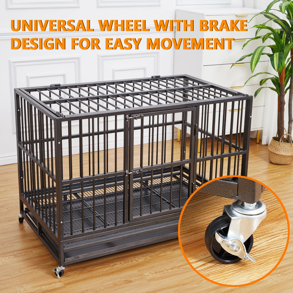 Garvee 48" Heavy Duty Dog Crate, Cage Kennel with Wheels&Brakes, High Anxiety Indestructible, Sturdy Locks Design, Double Door and Removable Tray for Large Pets(Black)