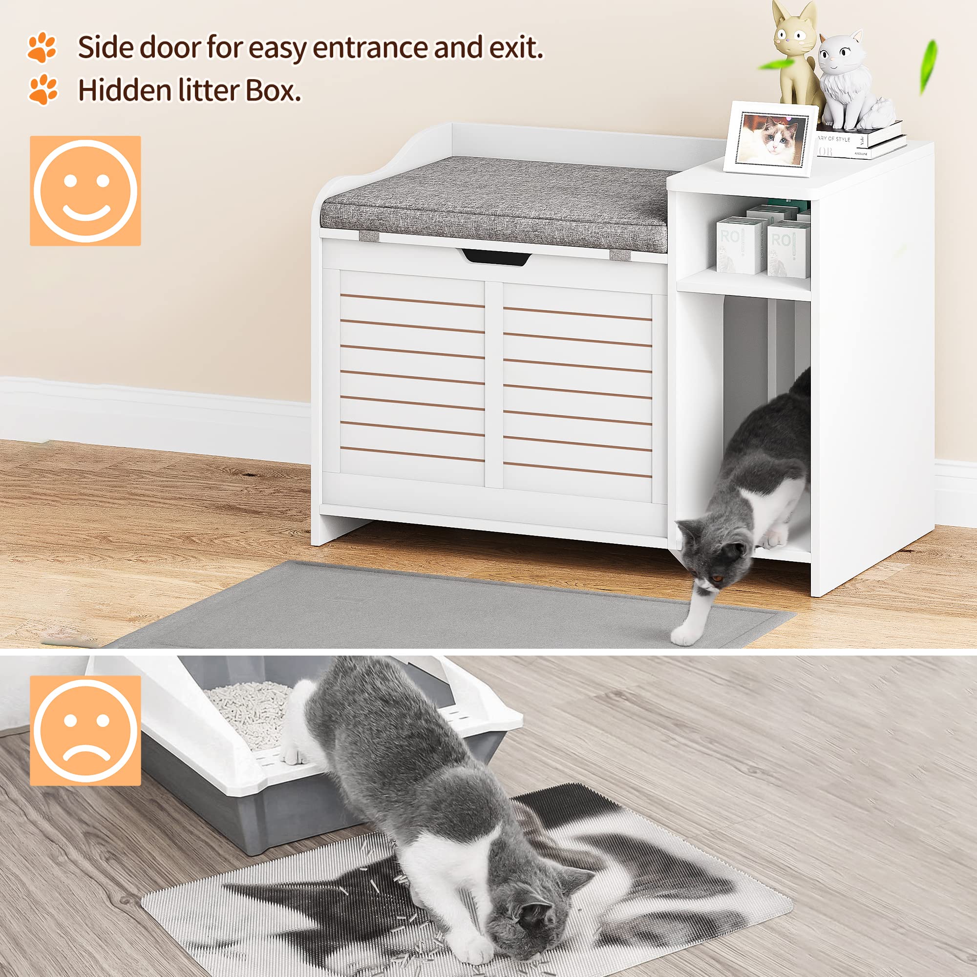 Garvee Cat Litter Box Enclosure with Cushion, Hidden Cat Litter Box Furniture, Cat Litter Box Furniture with Top Opening, Flip Top Litter Box Enclosure Cat House, White