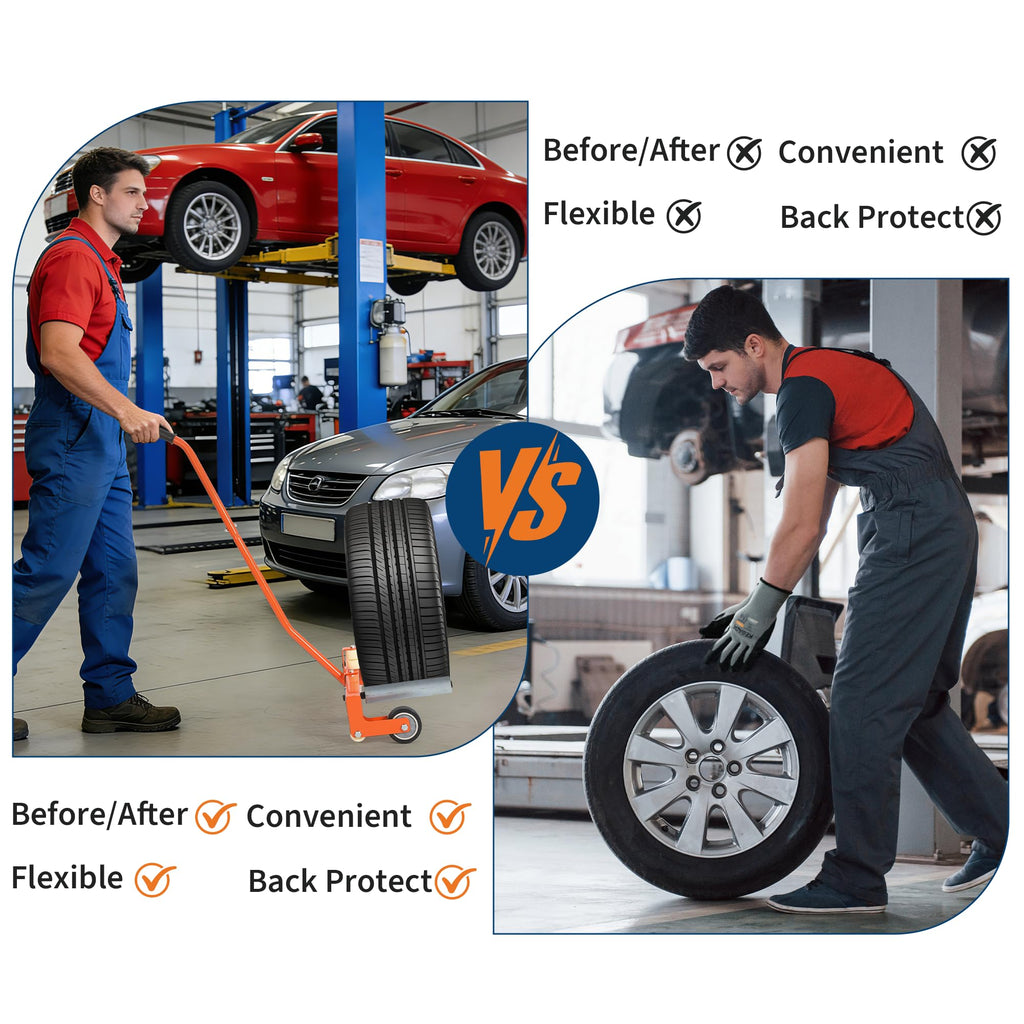 Garvee Adjustable Tire Wheel Dolly 330LBS Tire Lifter for 23.5"-43.5" Wheels, Universal Fit, Black, Ergonomic Handle, Orange