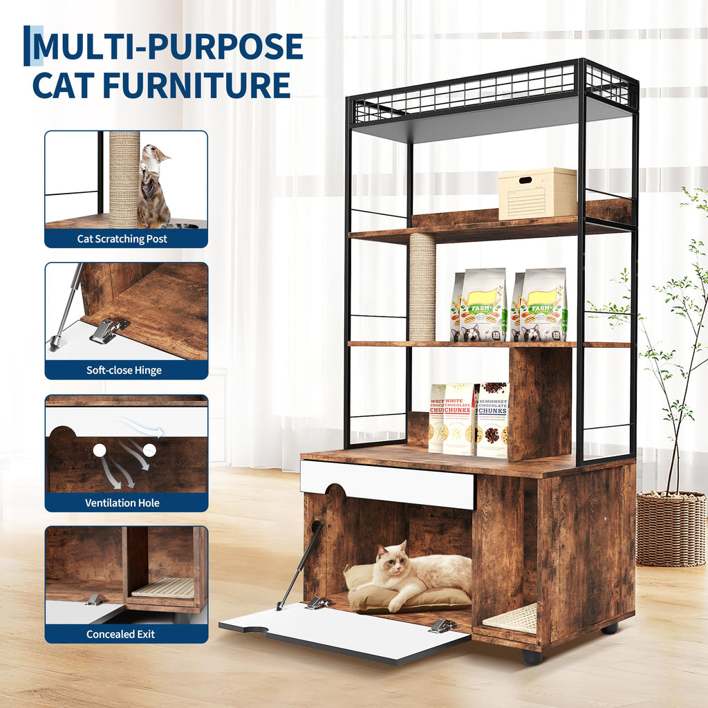 Garvee Hidden Litter Box Enclosure with Storage Rack & Cat Scratching Post Wood & Metal 2-in-1 Pets Furniture with Shelf Corridor Cushioned Mat