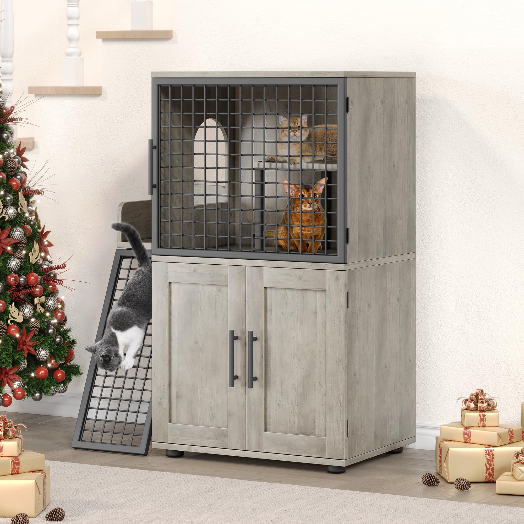Garvee Modern Villa Cat Litter Box Enclosure with Platform, Double Layer, MDF Panel, Ladder, Hidden Washroom, 33.5"L x 17.9"W x 41.9"H, Light Grey, Indoor Use
